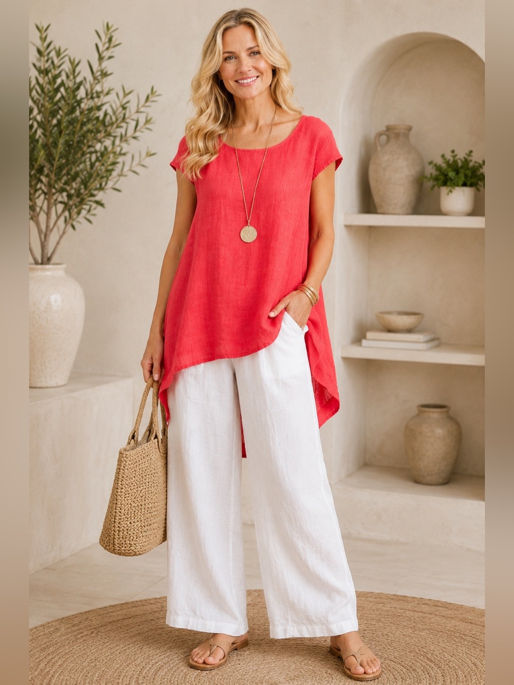 bryn Walker Red Linen Scoop-Neck Cap-Sleeve Tunic